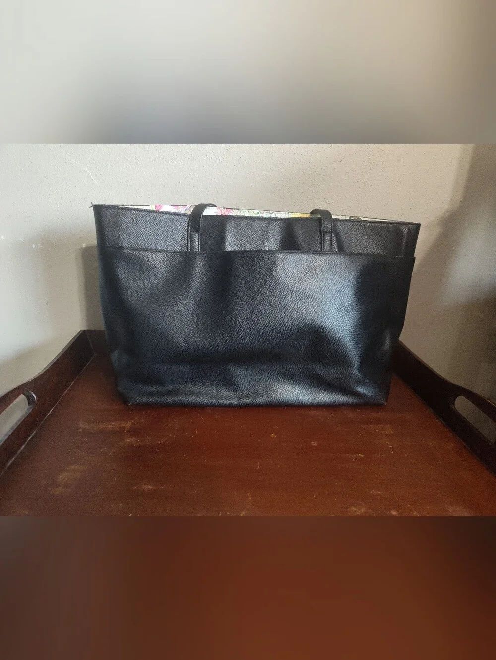 Betsey Johnson Black Tote with Floral-Trim Shoulder Straps